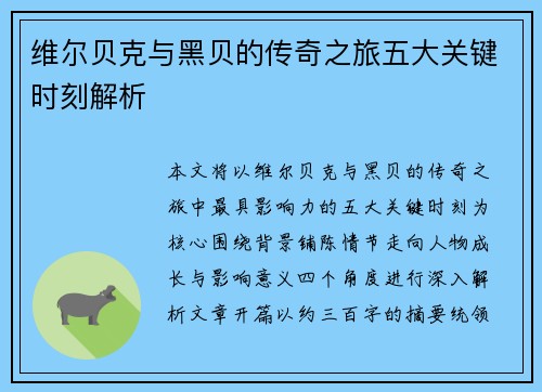 维尔贝克与黑贝的传奇之旅五大关键时刻解析