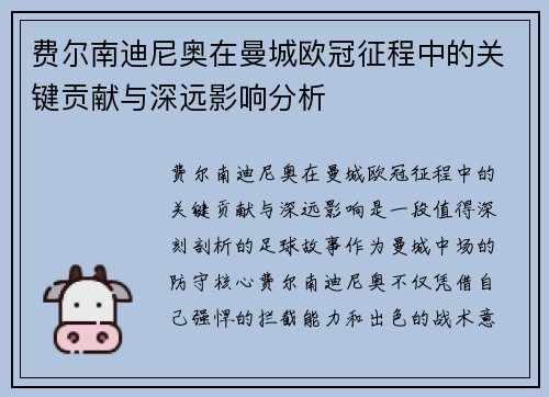 费尔南迪尼奥在曼城欧冠征程中的关键贡献与深远影响分析
