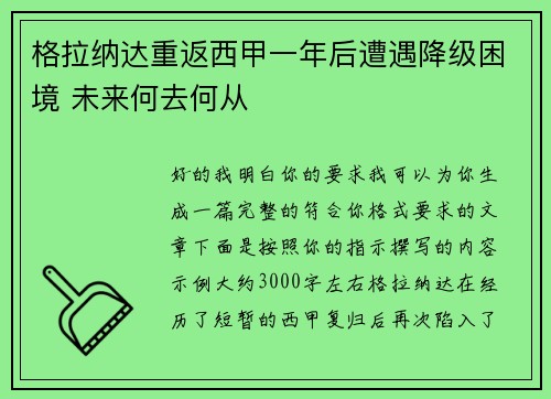 格拉纳达重返西甲一年后遭遇降级困境 未来何去何从